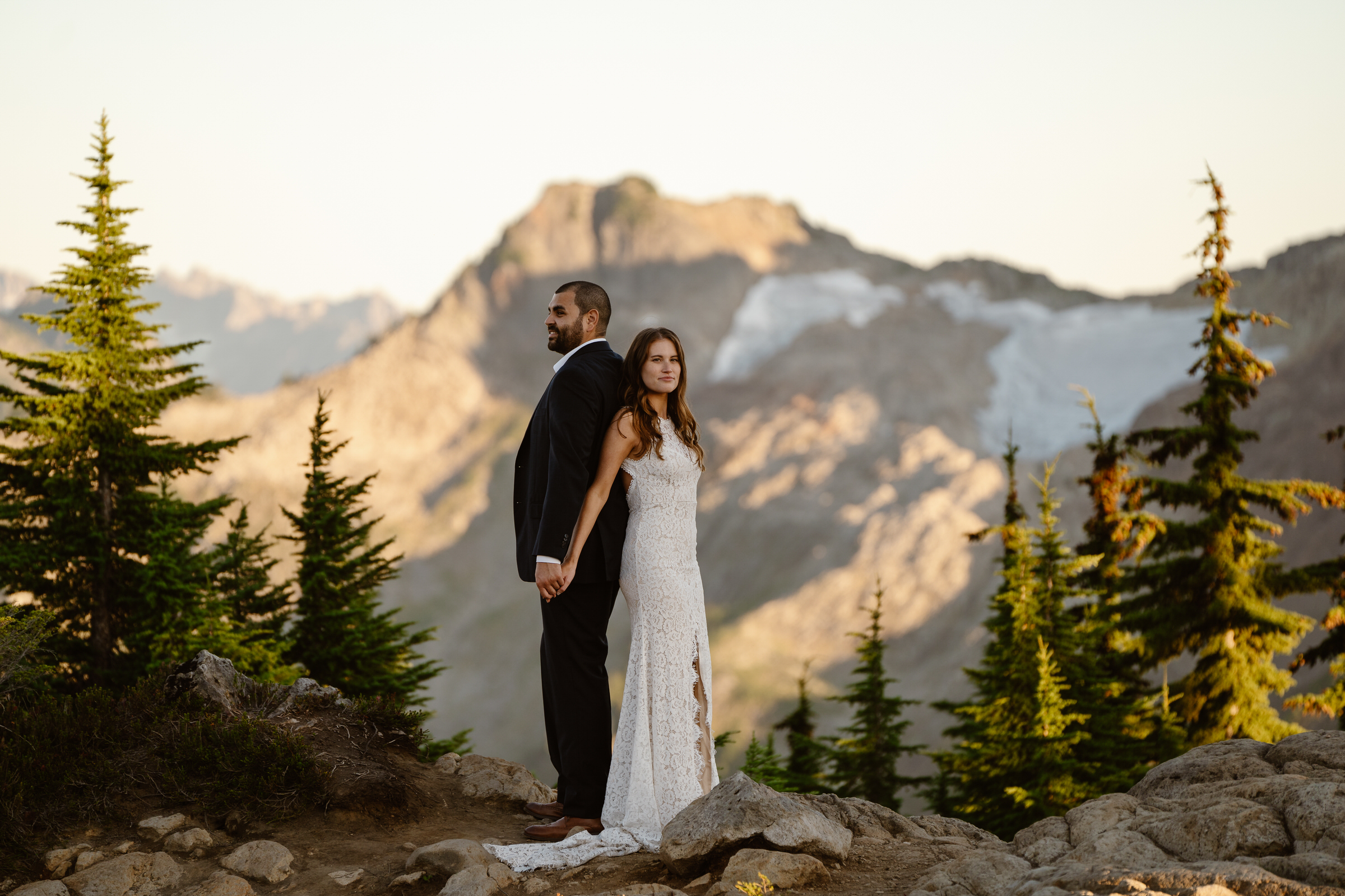 Bride and groom during their north cascades elopement in the mountains
