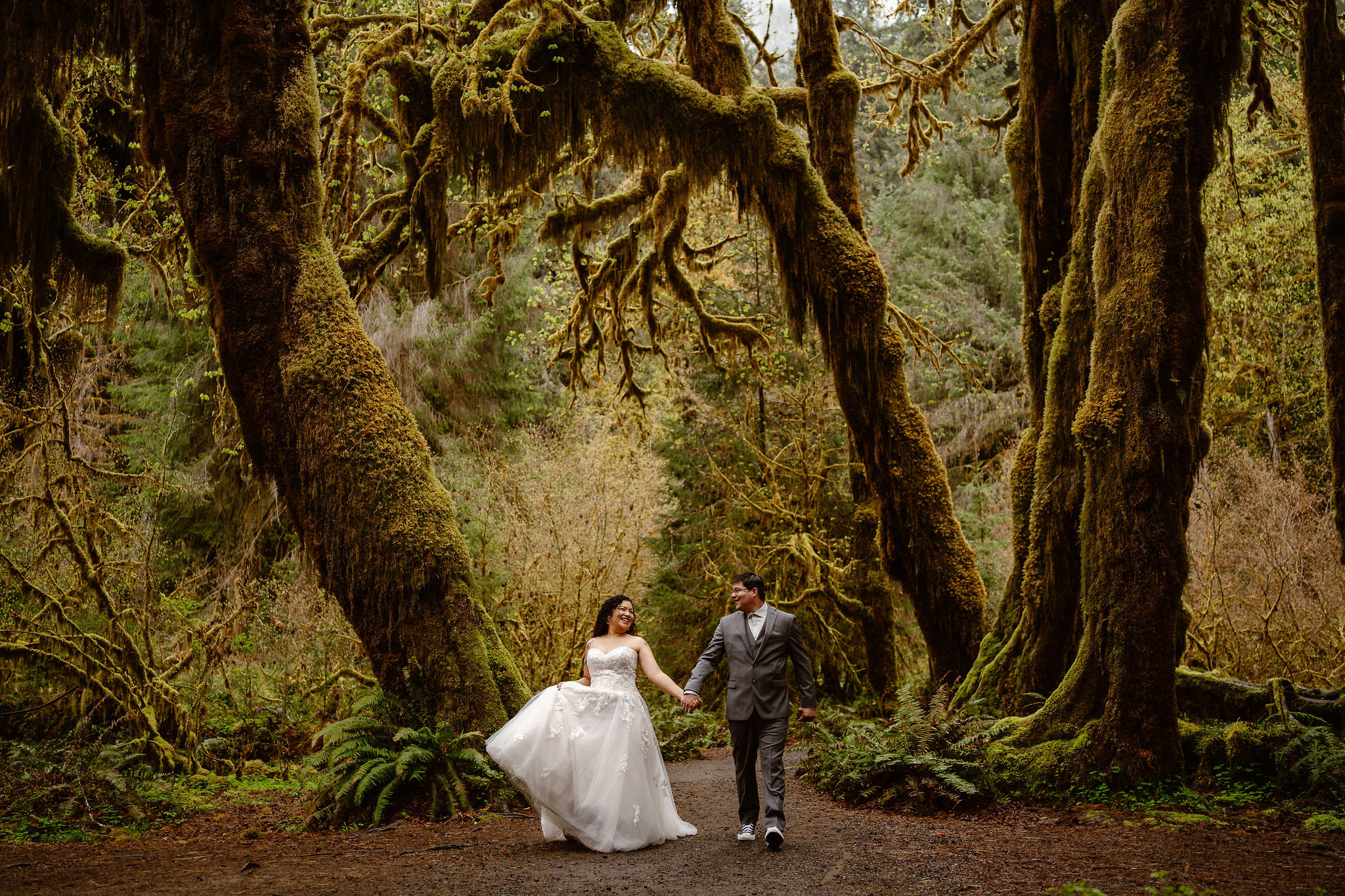 A bride and groom hold hands and stroll under mossy trees during their Hoh Rainforest Elopement