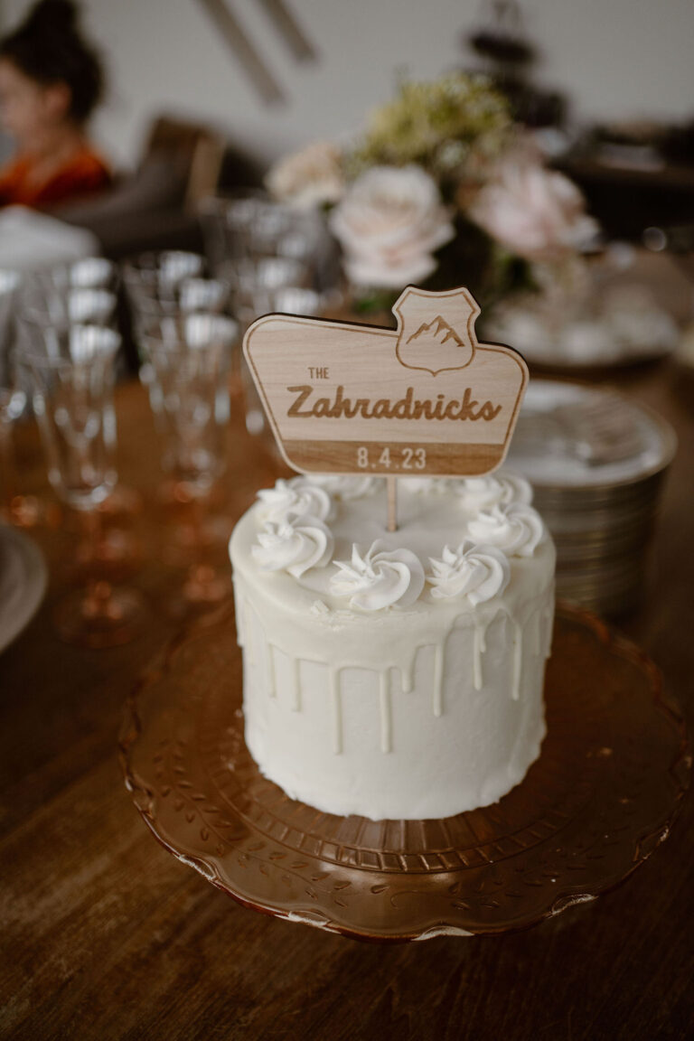 a cake with a custom National Park sign cake topper for a mt rainier micro wedding