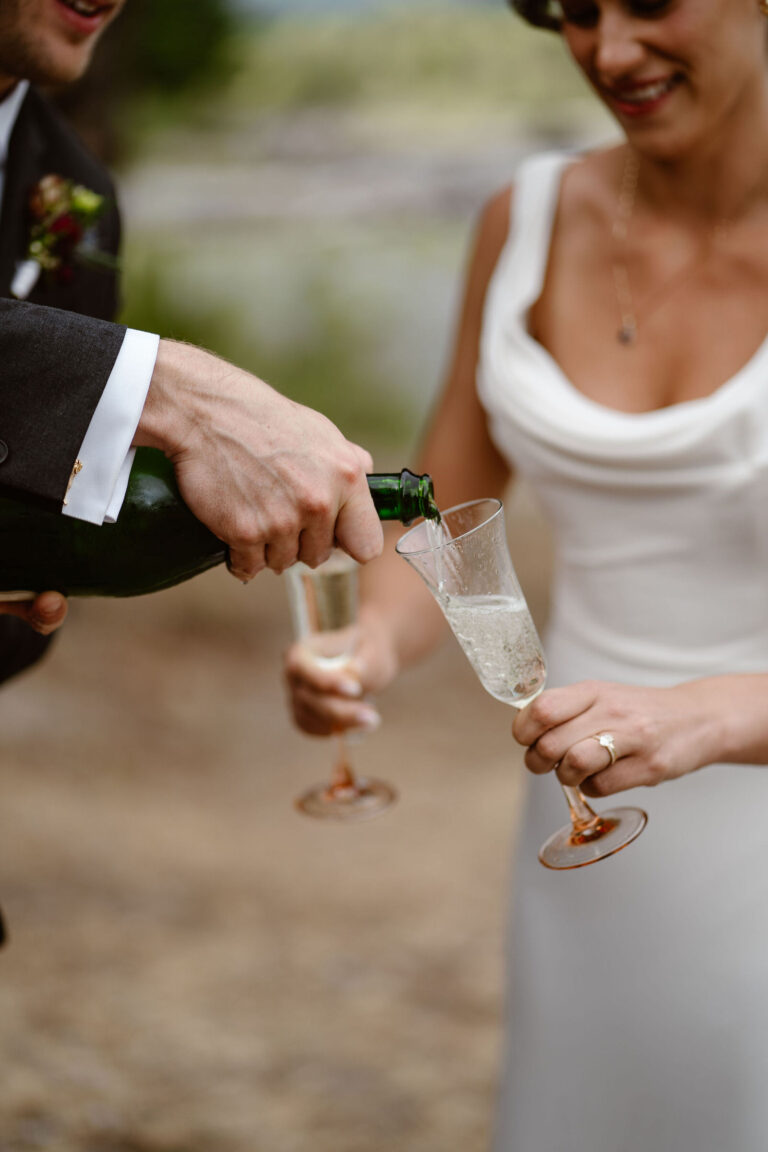 a groom pours champagne into the flutes the bride holds during their mount rainier micro wedding